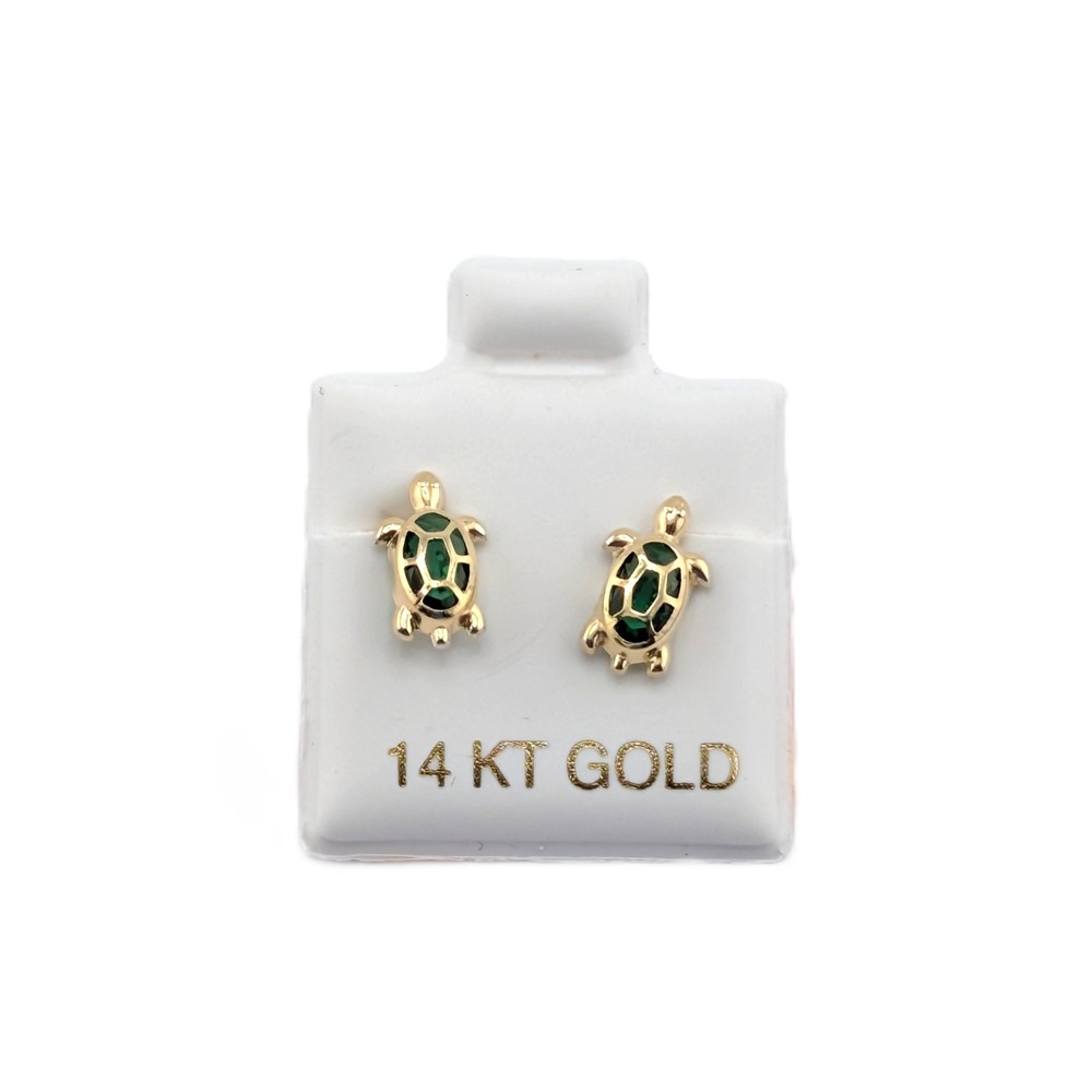 14K Yellow Gold Turtle Stud Earrings Green Cubic Zirconia Jewelry